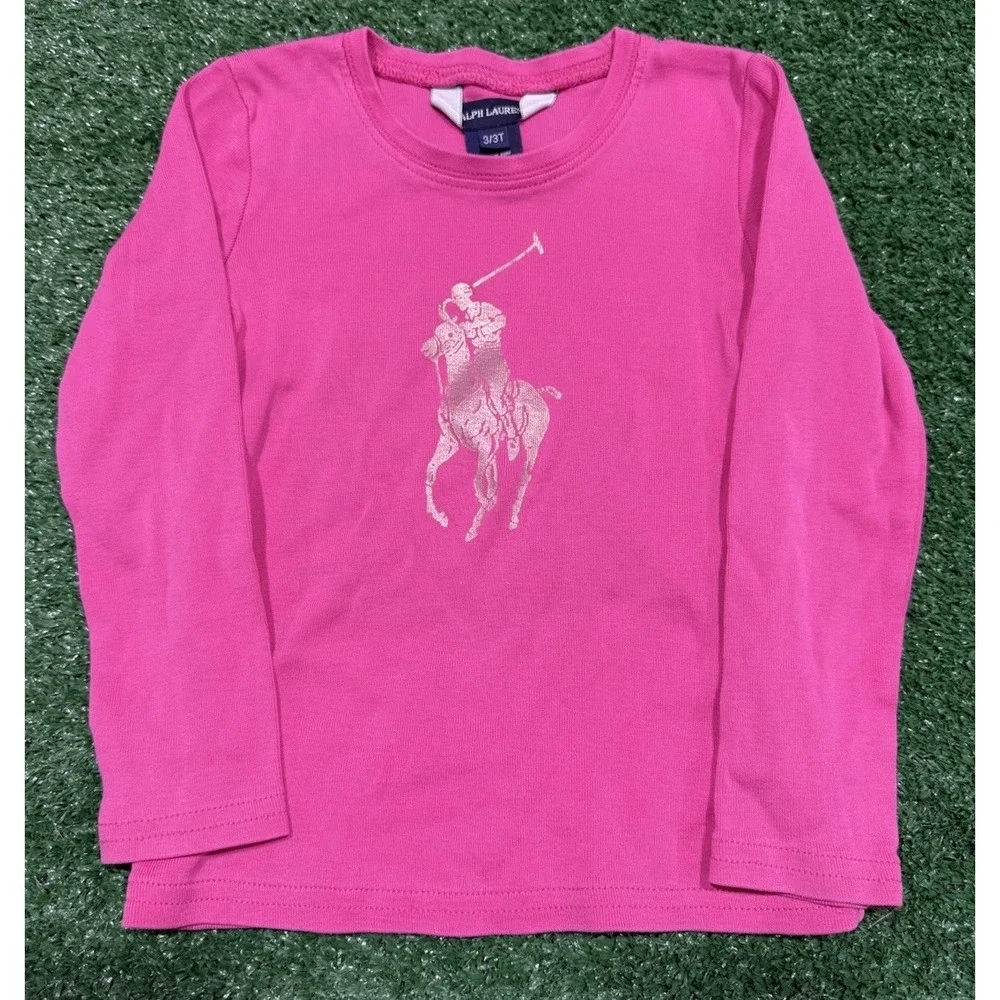 Ralph Lauren Baby Girls Big Pony Longsleeve T-Shirt Pink Size 3T Toddler Vintage